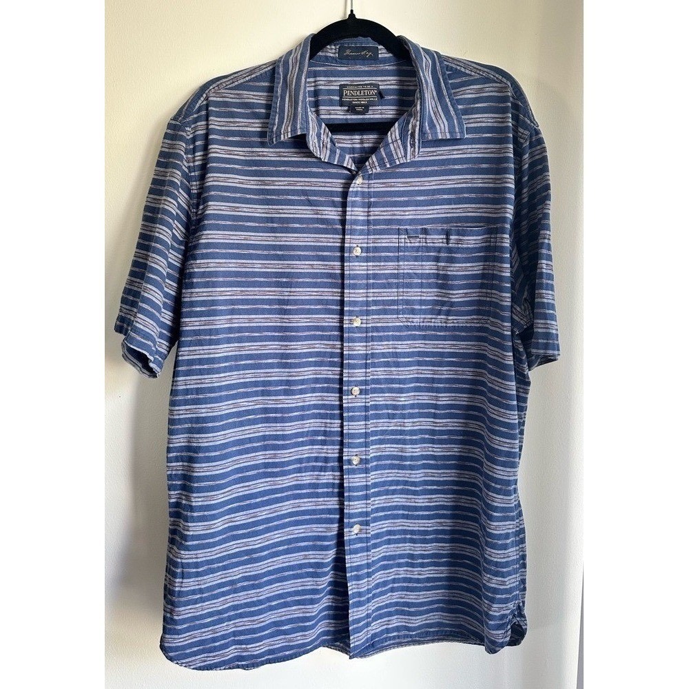 Pendleton Thomas Kay Men's Blue Striped Cotton Button Down Short Sleeve Shirt